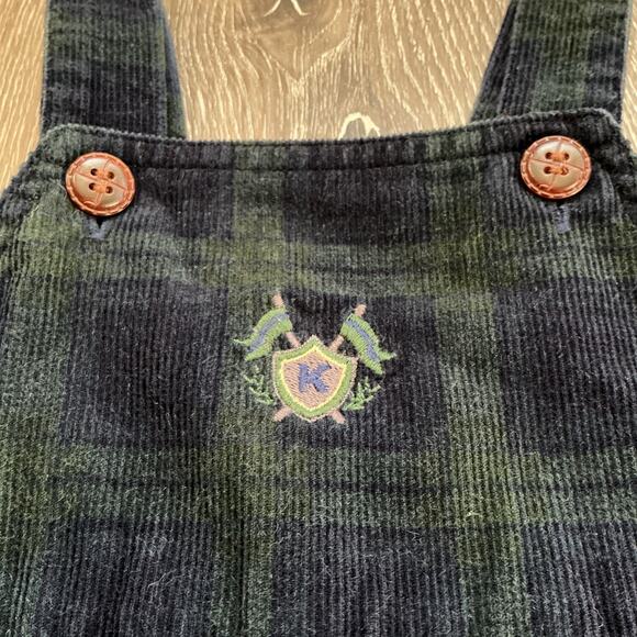 Vintage Hartstrings Baby Blue Green Plaid Corduroy Logo Overall Romper 18M - Picture 2 of 5